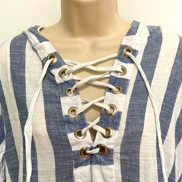 BLUE ISLAND Beach Swim Coverup Tunic Nautical Stripe Lace Up Hoodie Medium - Picture 3 of 14